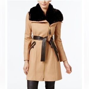Via Spiga Wool Blend Camel w/ Black Faux Fur Collar Asymmetrical Belted Coat
